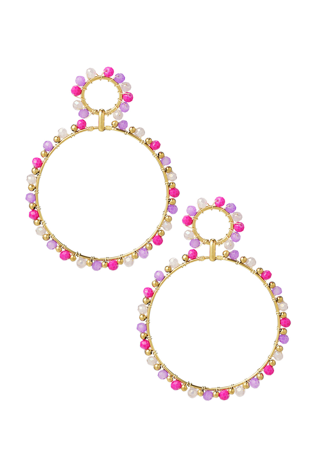 Earrings double beaded circles - gold/purple
