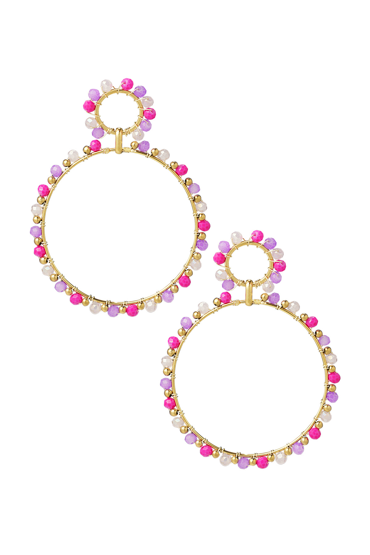 Earrings double beaded circles - Gold color/purple 2