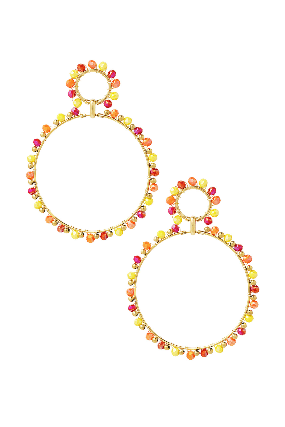 Ohrringe mit doppelten Perlenkreisen - Gold/Gelb/Rot 
