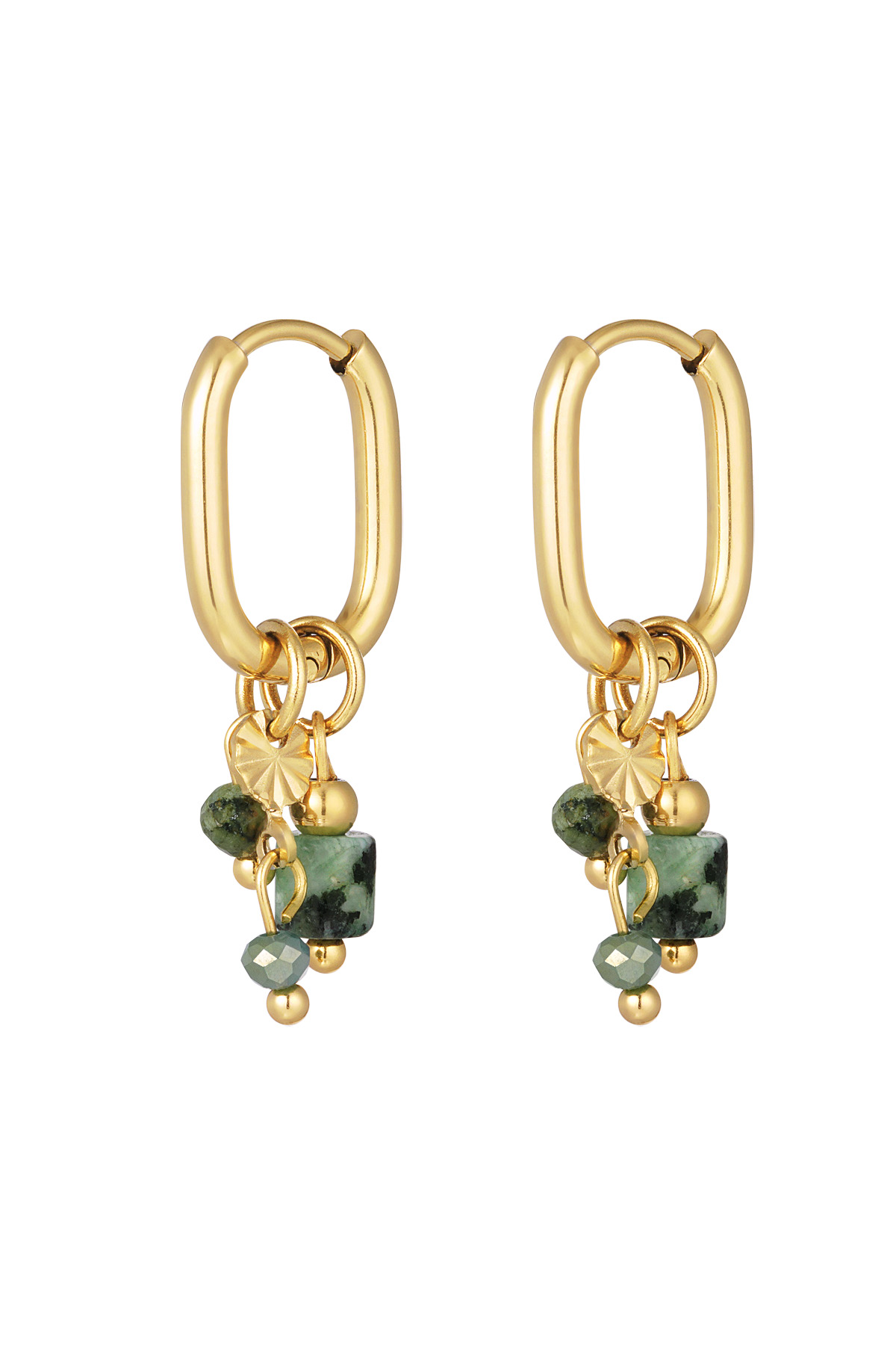 Earring with green &amp; black beads - gold
