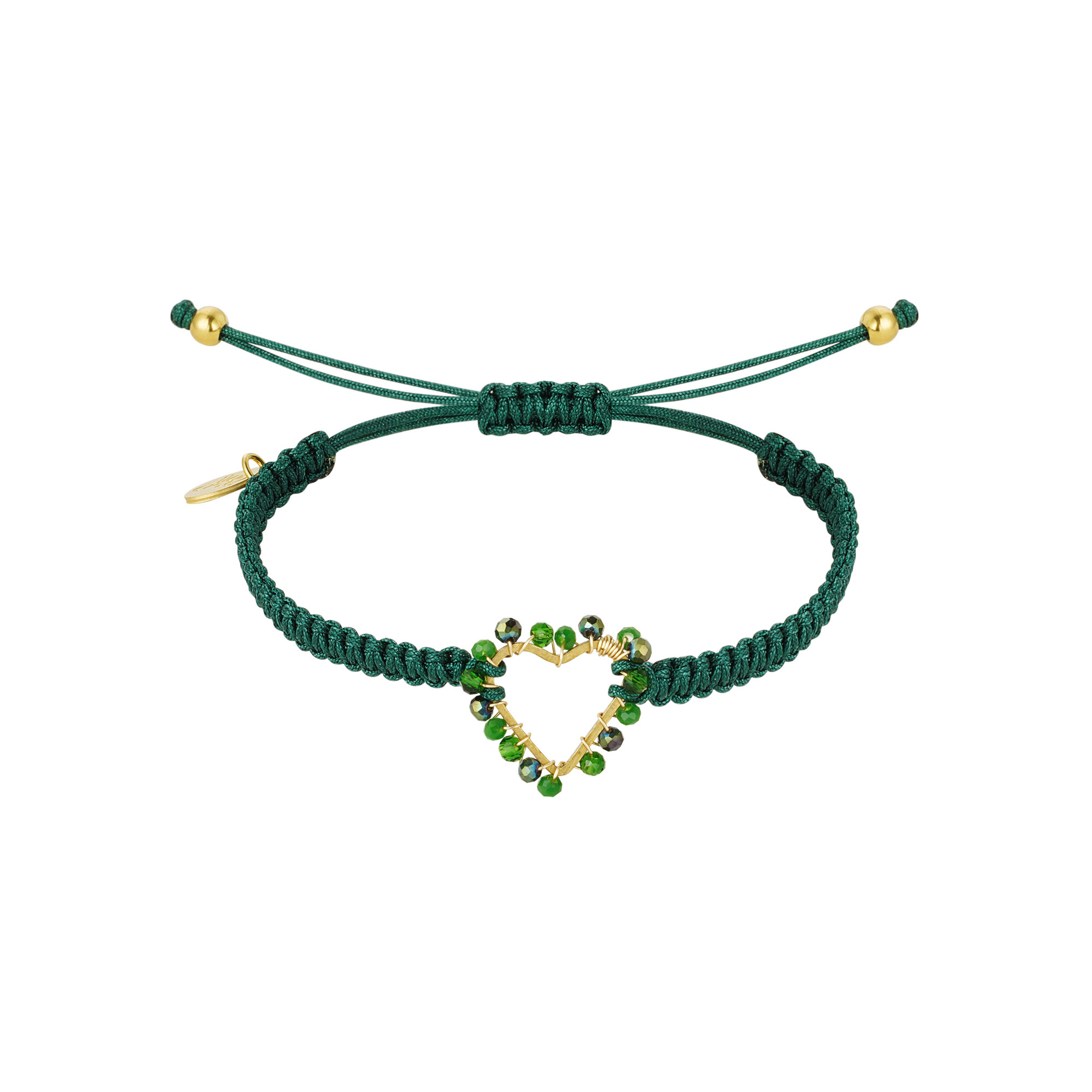 Bracelet rope with heart and beads Green & Gold Color Stainless Steel