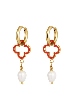 Earrings clover with pearl - gold/red h5 
