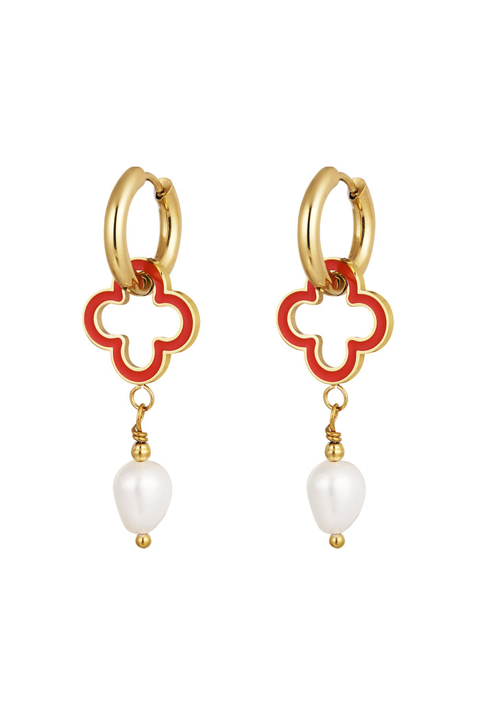 Earrings clover with pearl - gold/red 