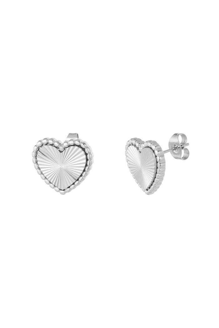 Pendientes de botón corazón con rayas - plata 