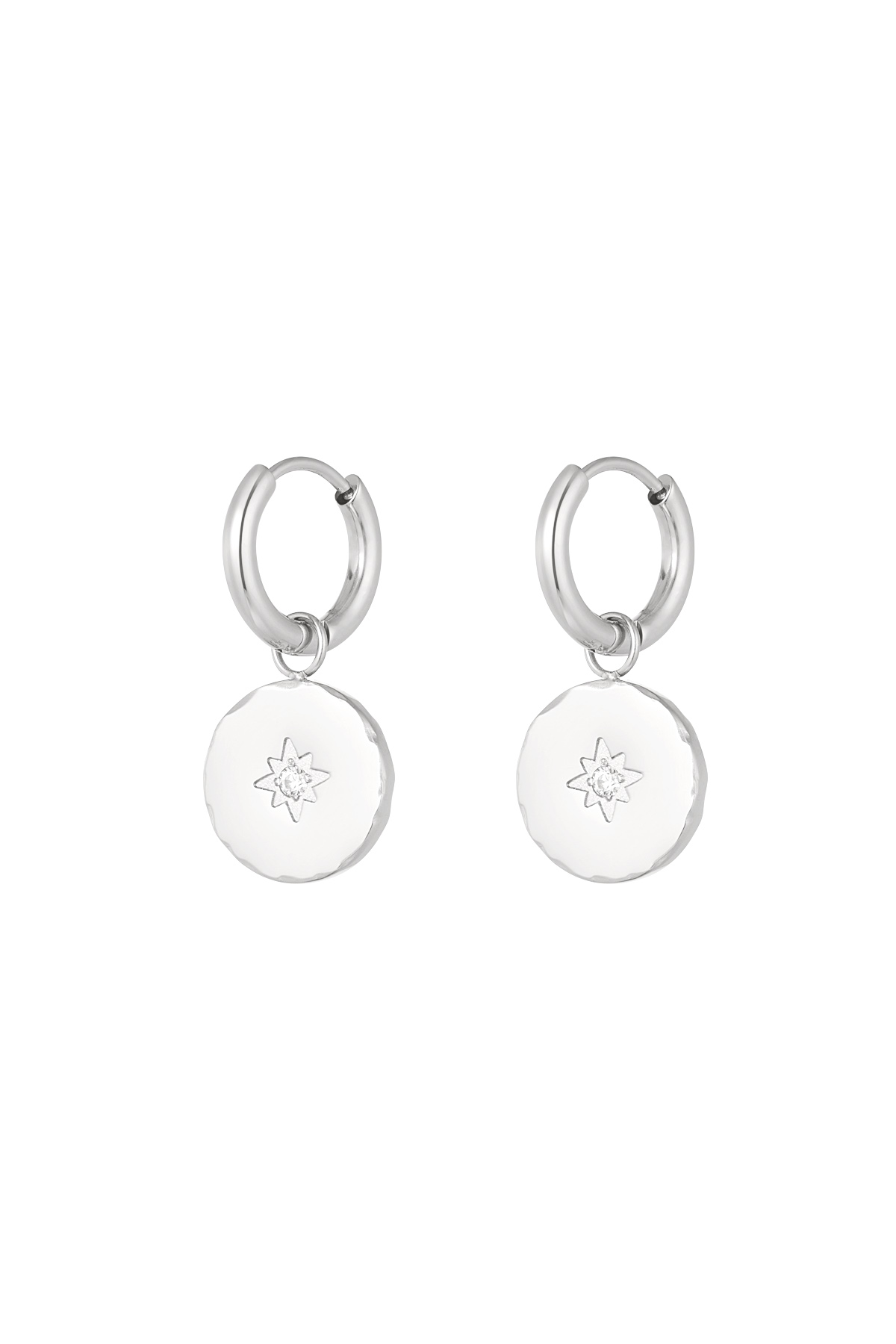 Minimalist round earrings with star - Silver Color color