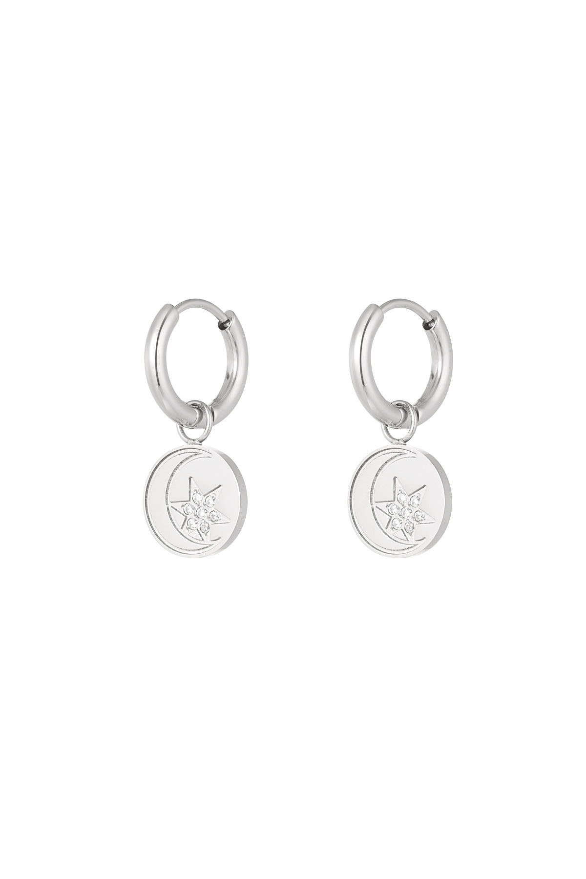 Minimalistische runde Ohrringe mit Stern und Mond – Silber