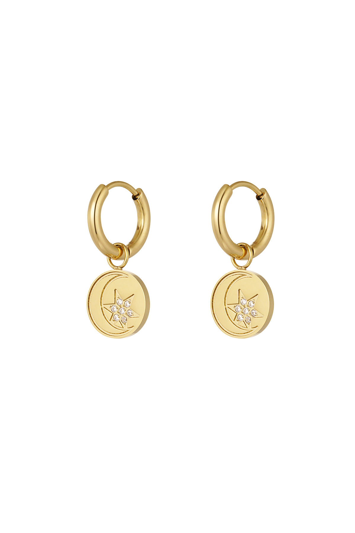 Minimalistische runde Ohrringe mit Stern und Mond – Gold