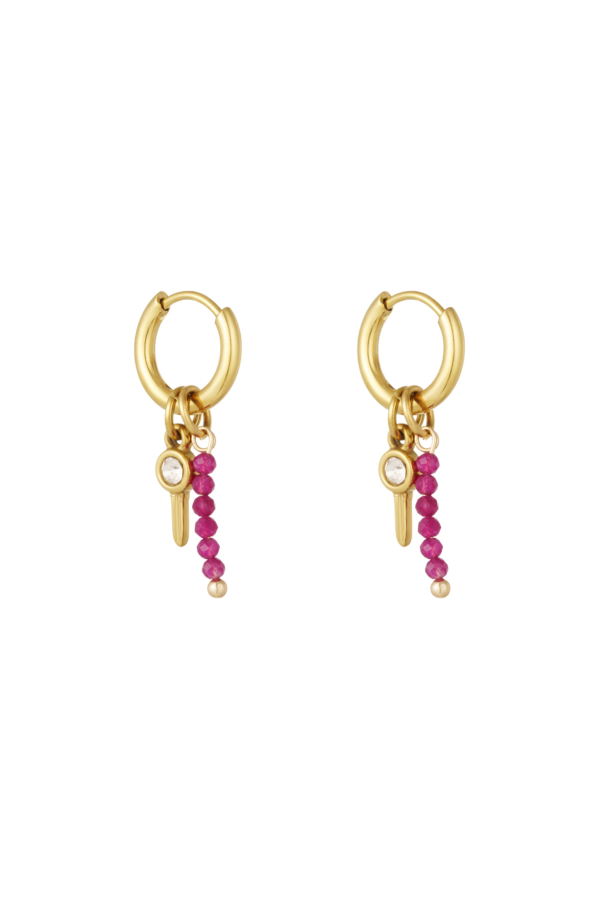 Earrings beads with charm - gold/fuchsia