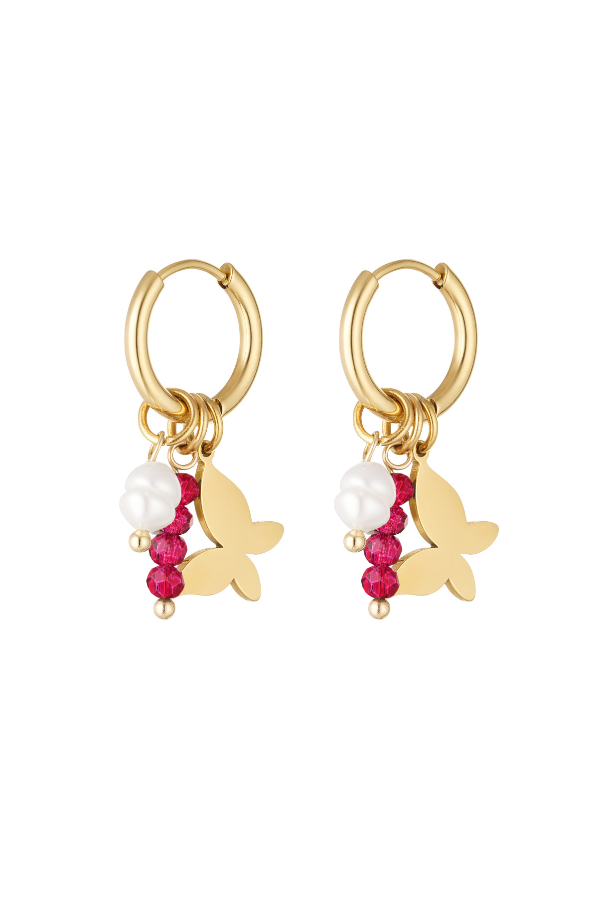 Butterfly earrings with beads - gold/pink