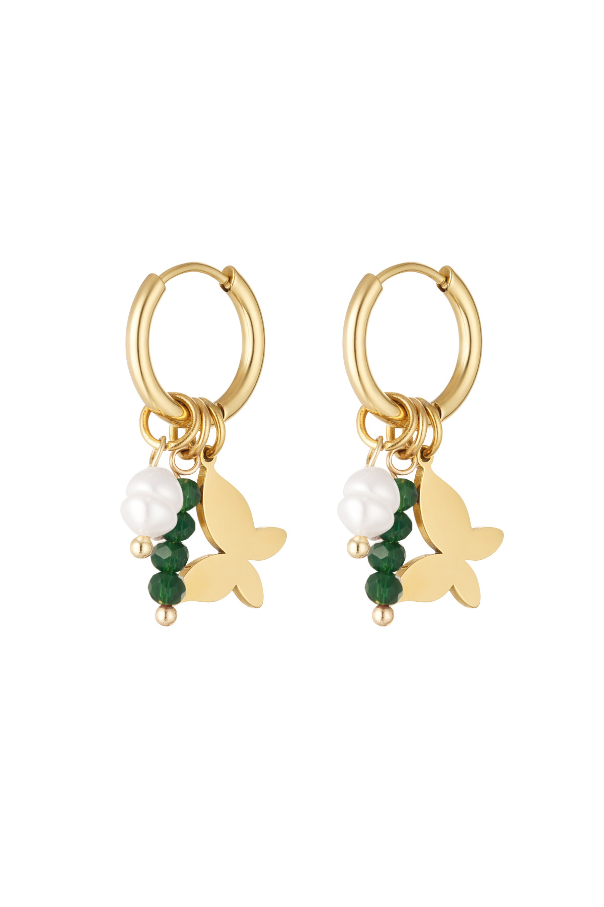 Butterfly earrings with beads - gold/green