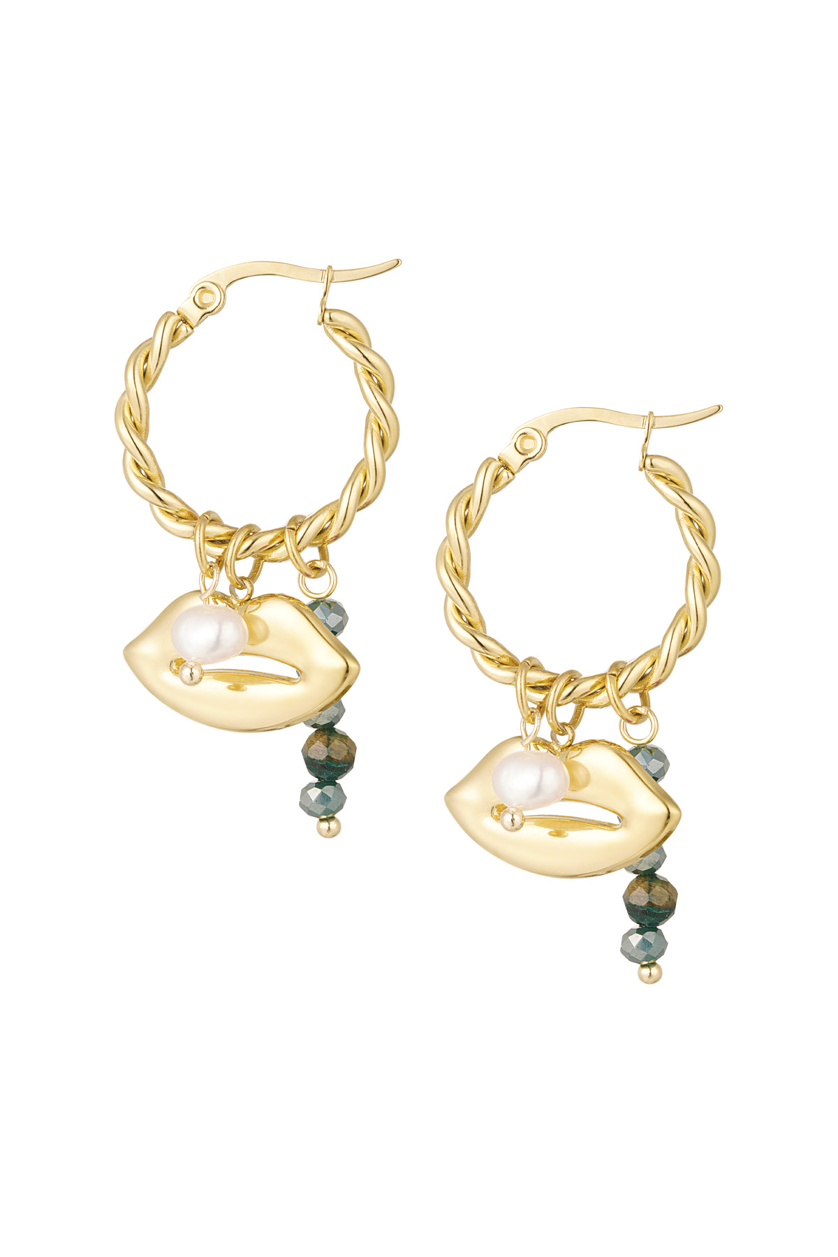 Earrings lip detail natural stone - green gold h5 