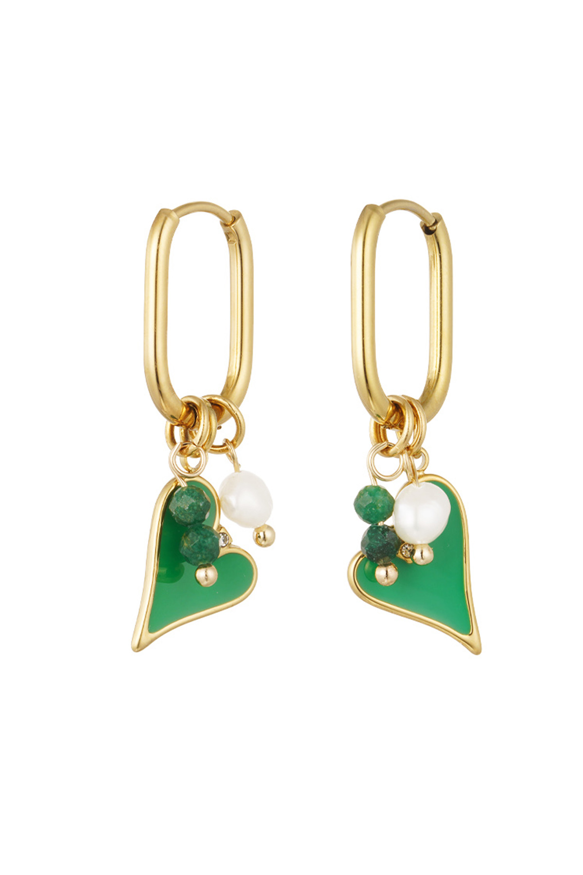 Earrings colored heart with pearl - gold/green 