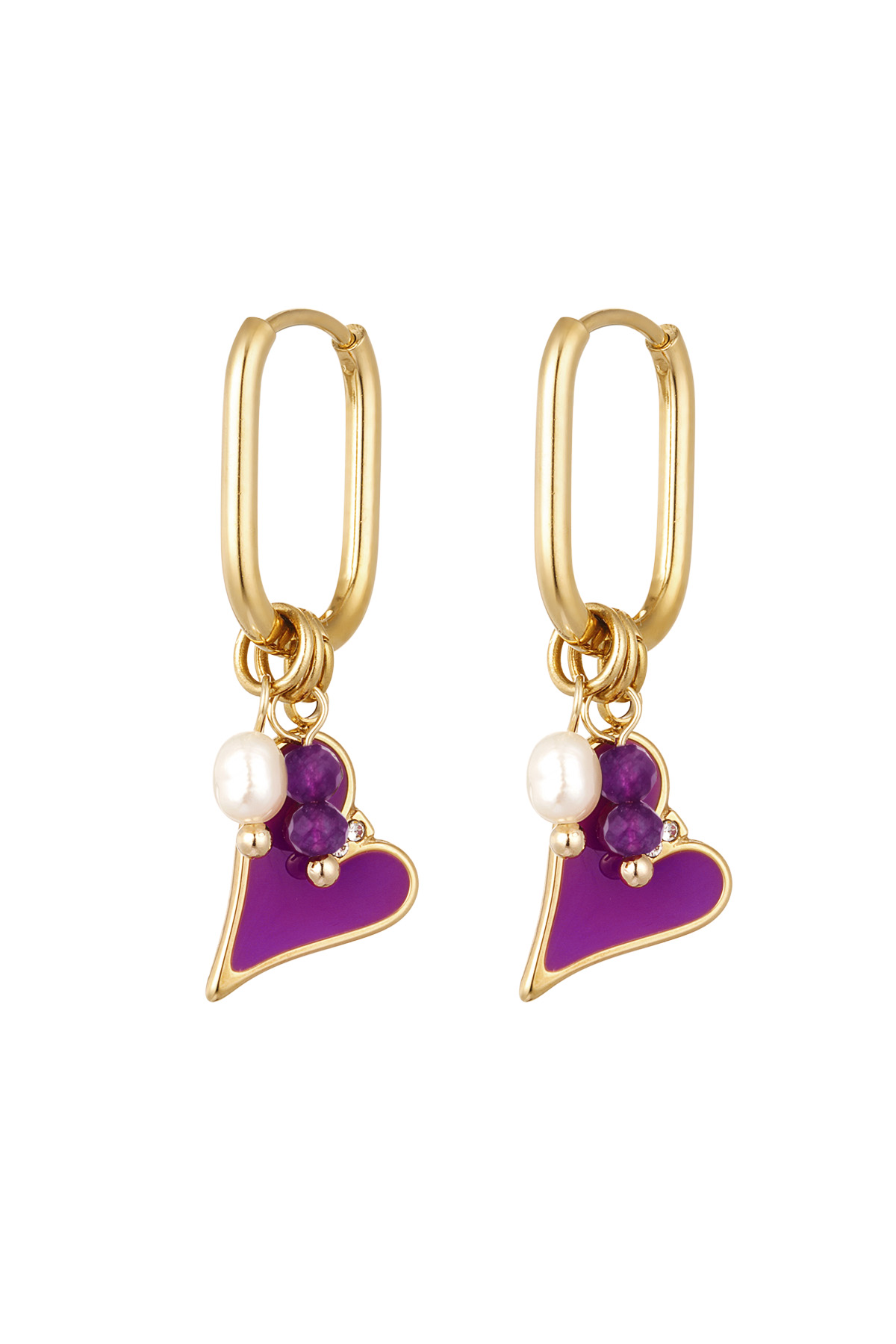 Pendientes corazón de colores con perla - oro/púrpura