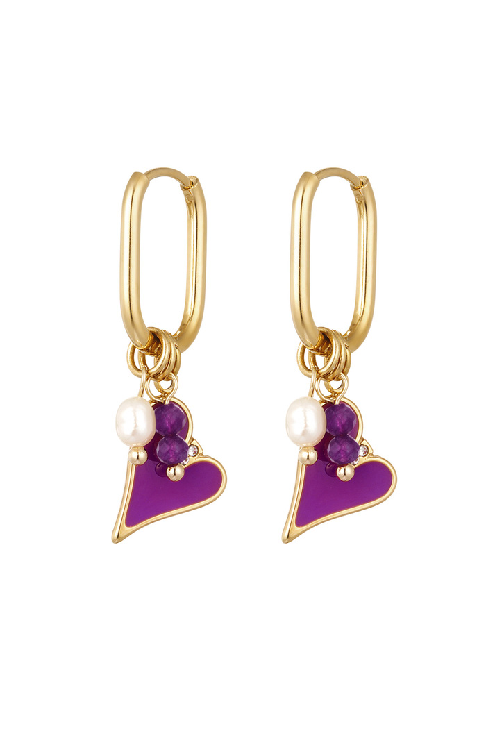 Earrings colored heart with pearl - gold/purple 
