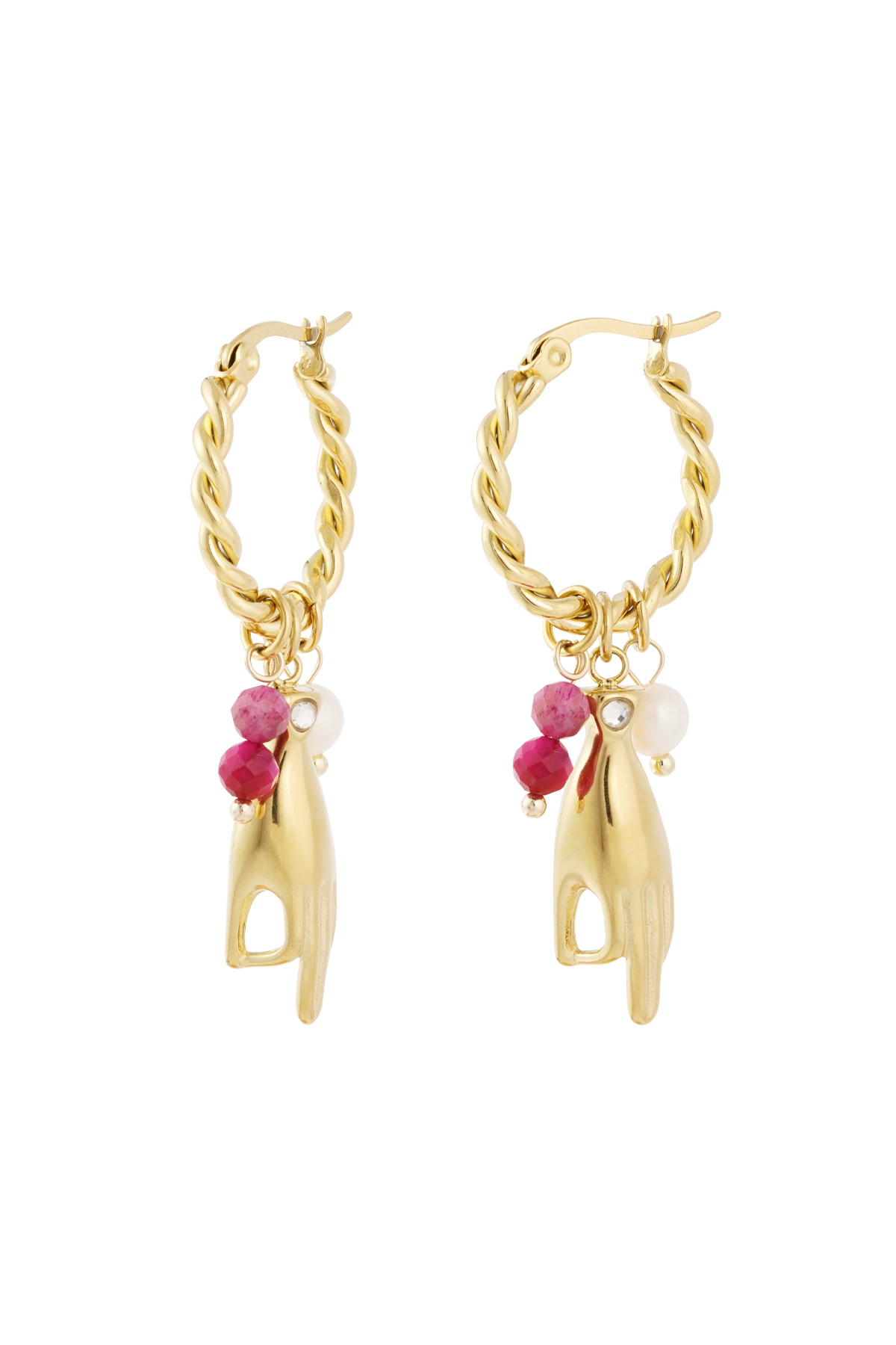 Earrings with hand and pearl pendants - fuchsia