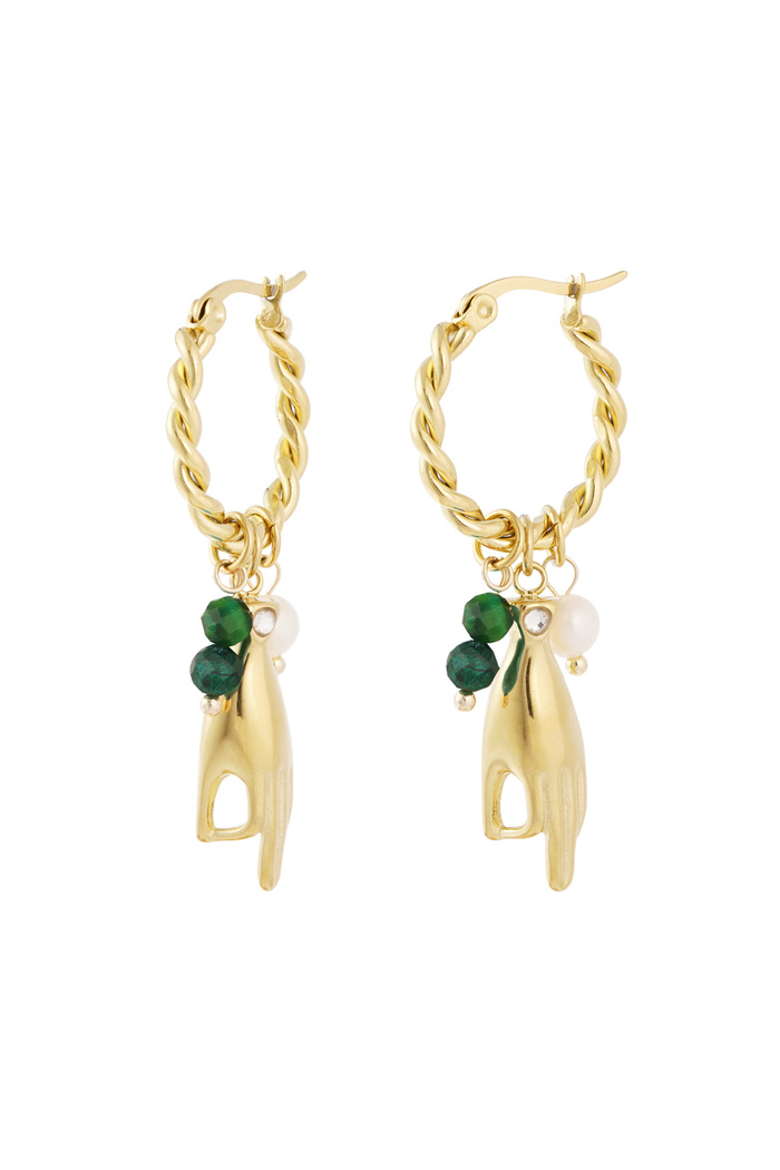 Earrings with hand and pearl pendants - green/gold 