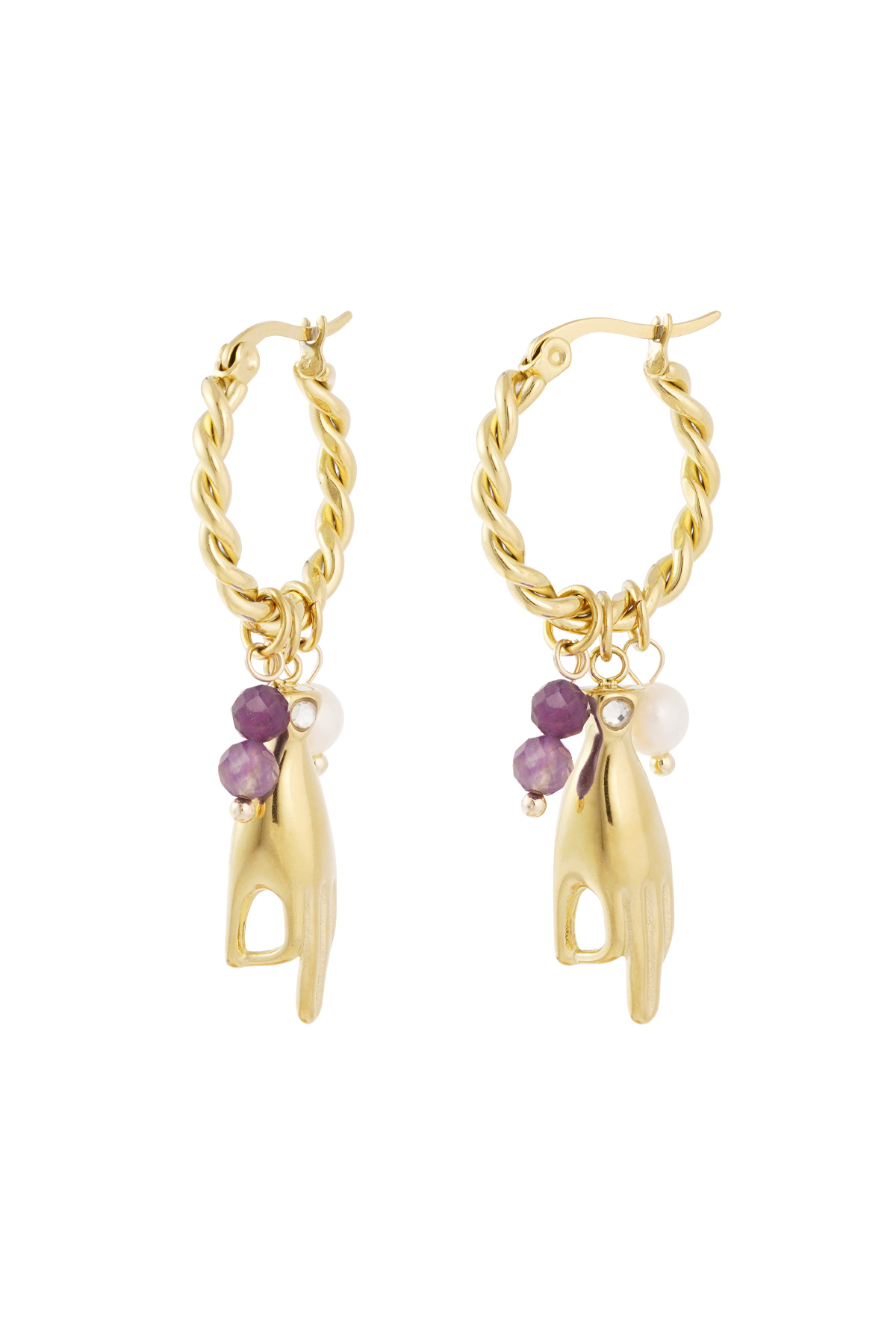 Earrings with hand and pearl pendants - purple