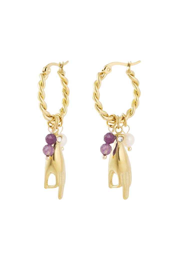 Earrings with hand and pearl pendants - purple 