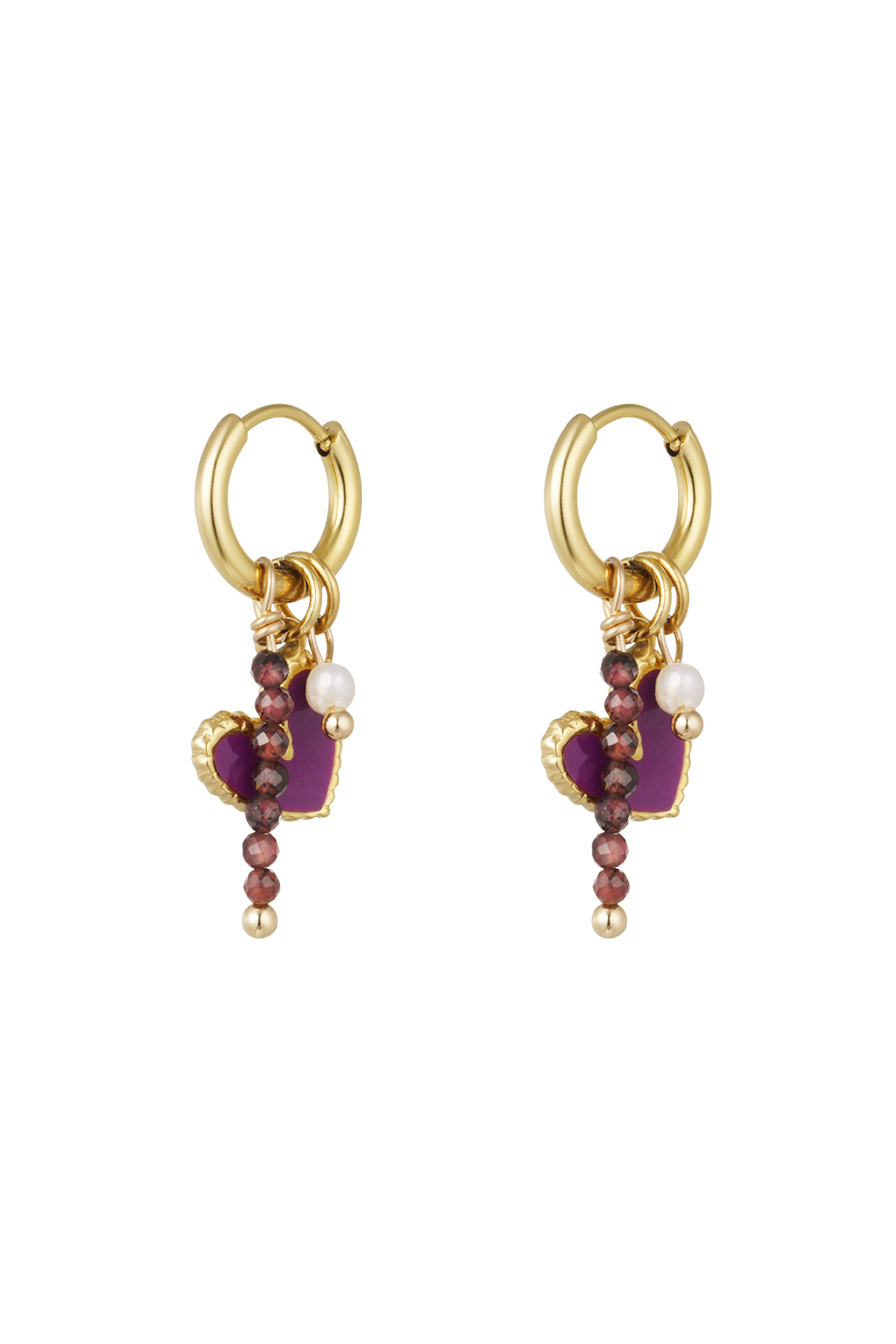 Earrings with hearts and beads - purple