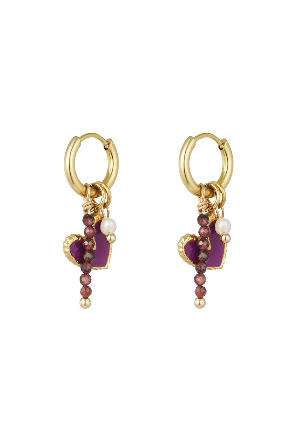 Earrings with hearts and beads - purple 