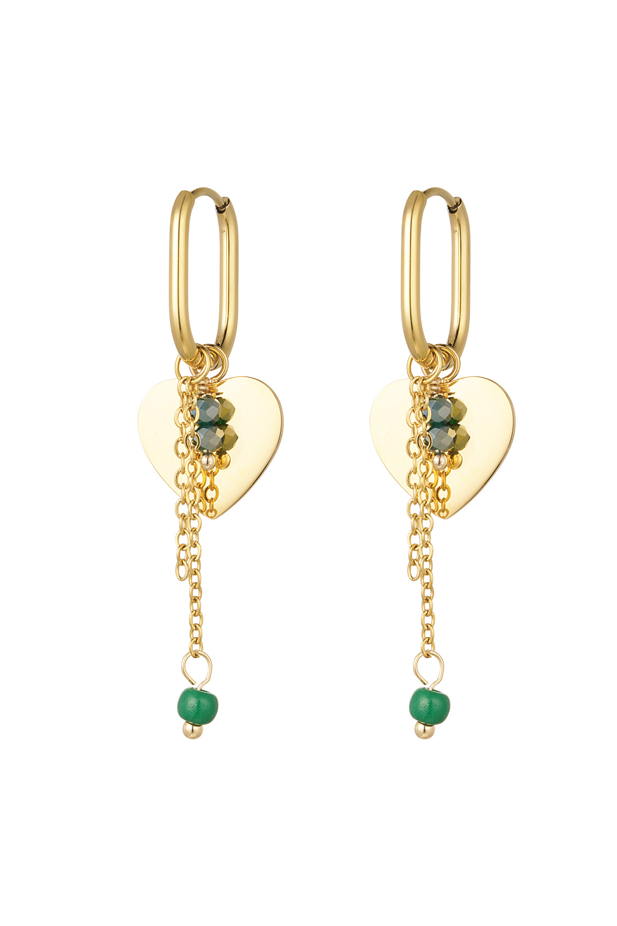 Heart earrings with chain and beads - Gold color/green 2