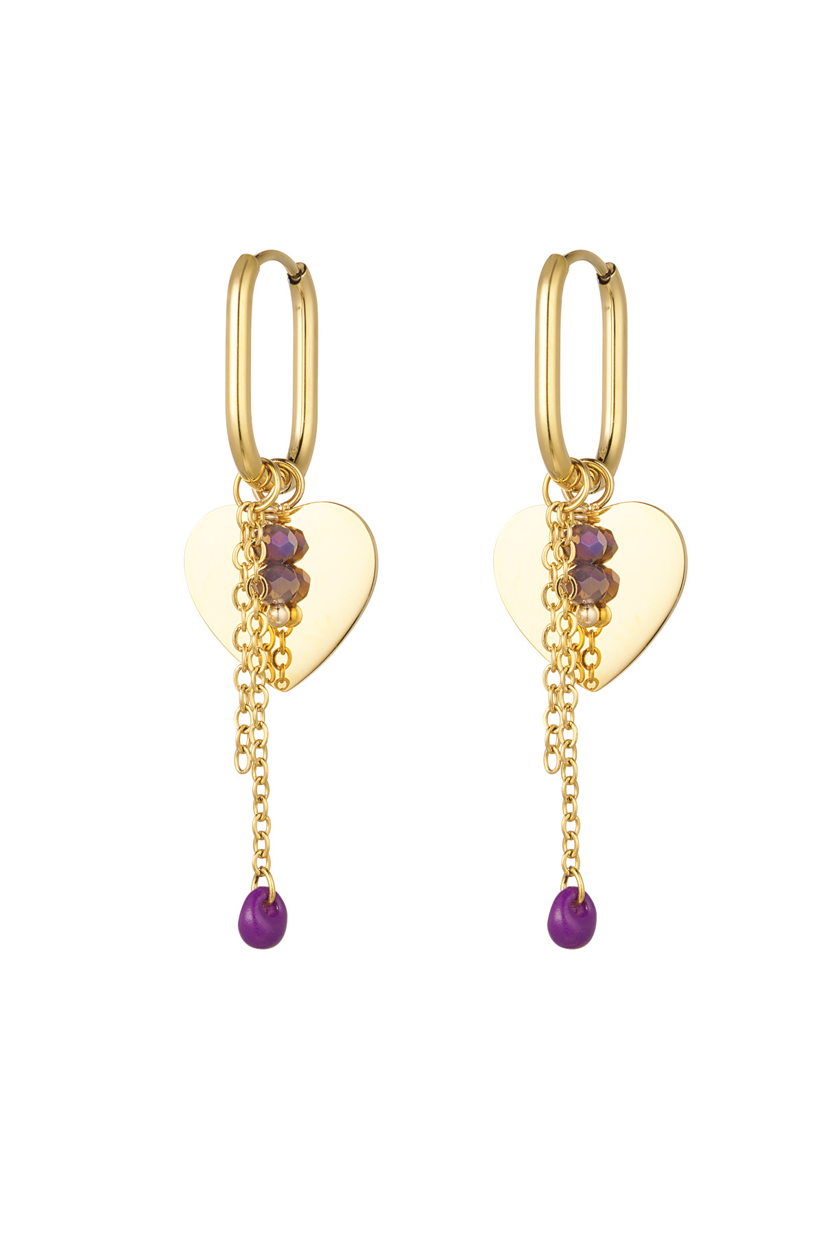 Heart earrings with chain and beads - gold/purple