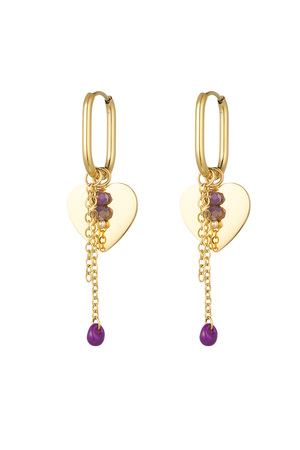 Heart earrings with chain and beads - gold/purple h5 