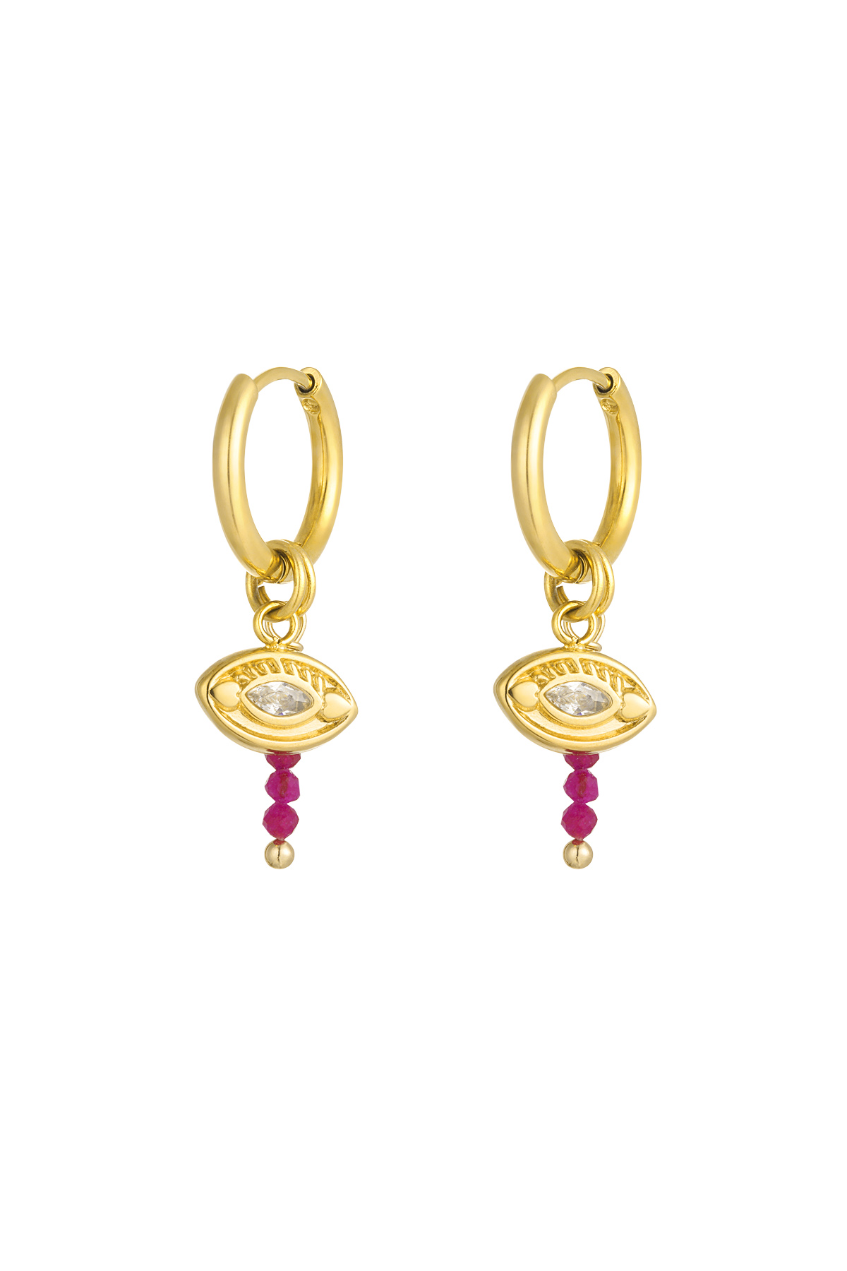 Eye earrings with beads - gold/fuchsia