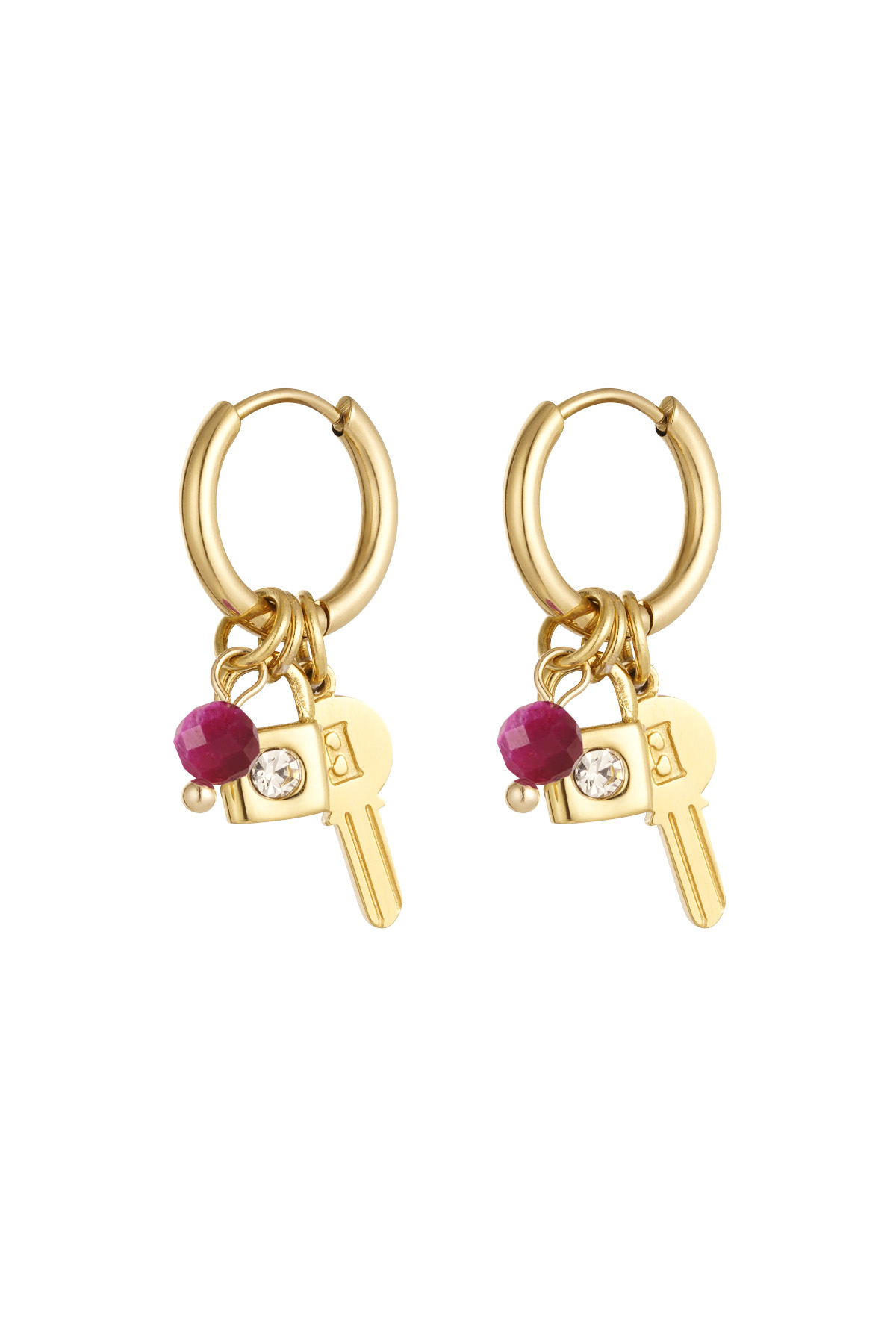 Key earrings with beads - gold/pink