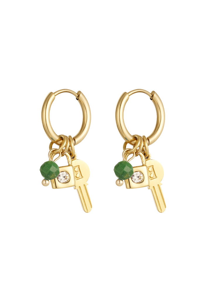 Oorbellen sleutel met kraaltjes - goud/groen 