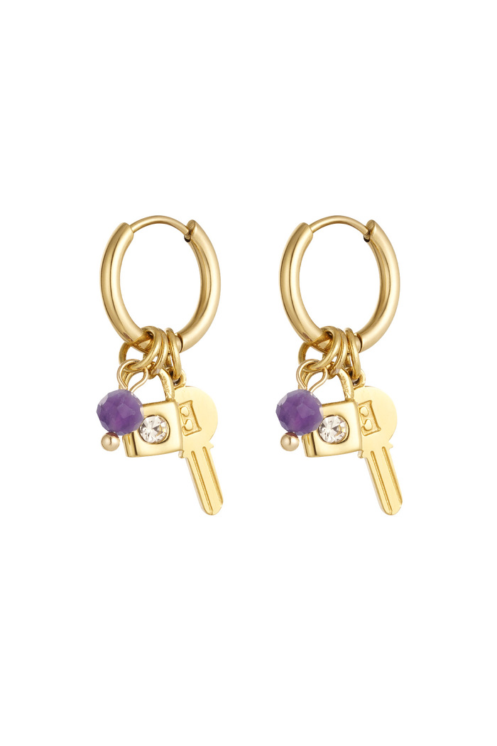 Key earrings with beads - gold/purple 