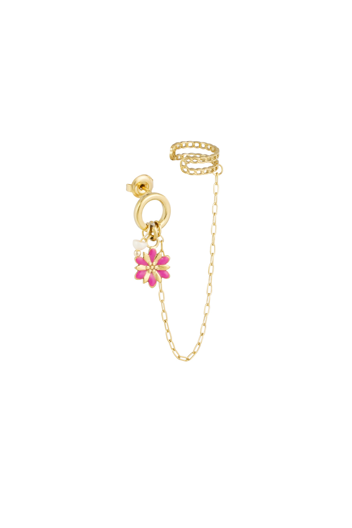 Earring with ear cuff flower - gold/pink