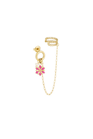 Oorbel met ear cuff bloem - goud/roze h5 