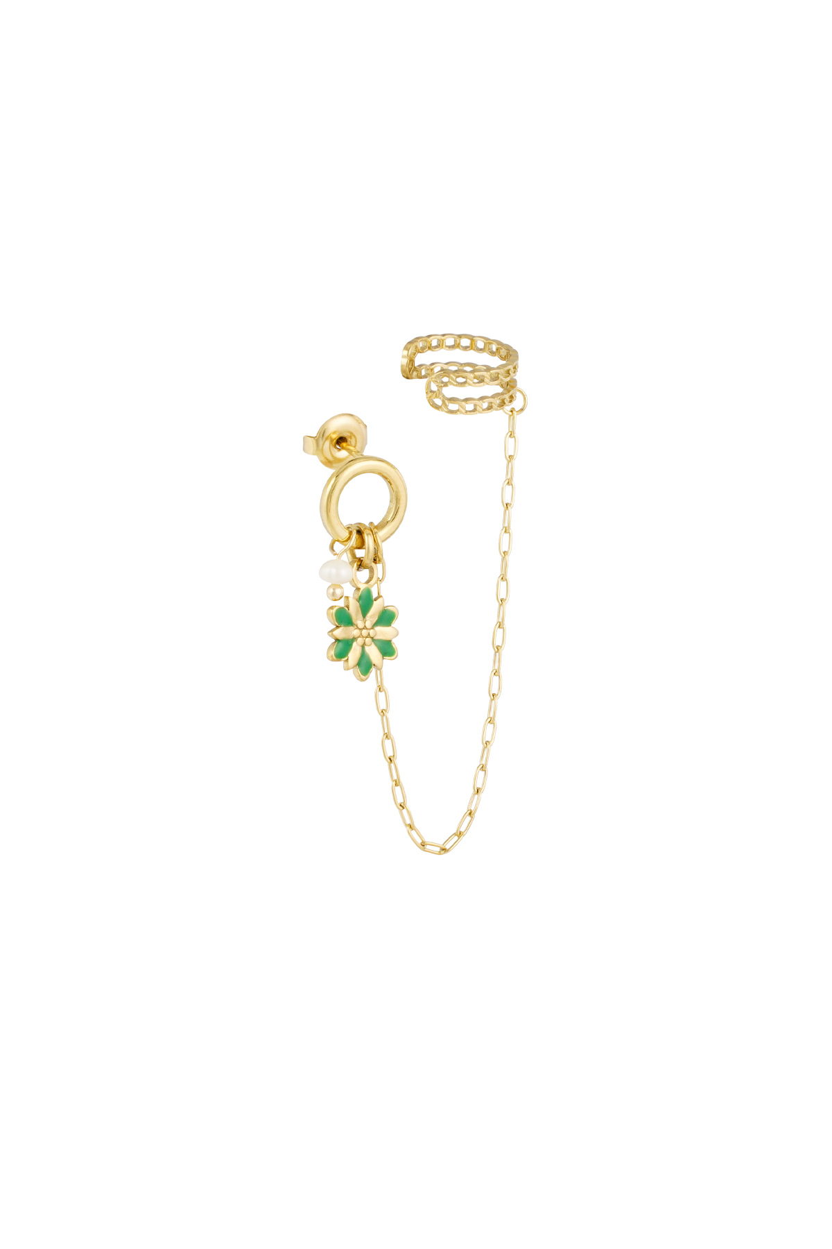 Earring with ear cuff flower - Gold color/green