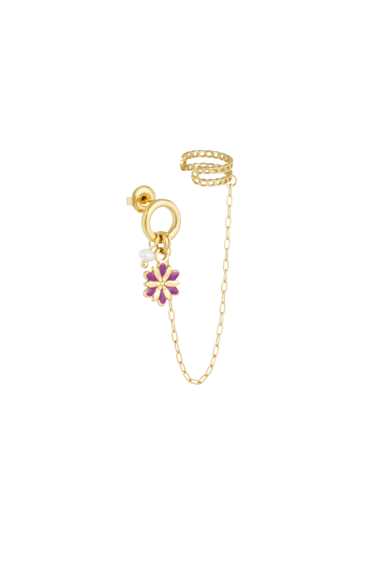 Earring with ear cuff flower - Gold color/purple