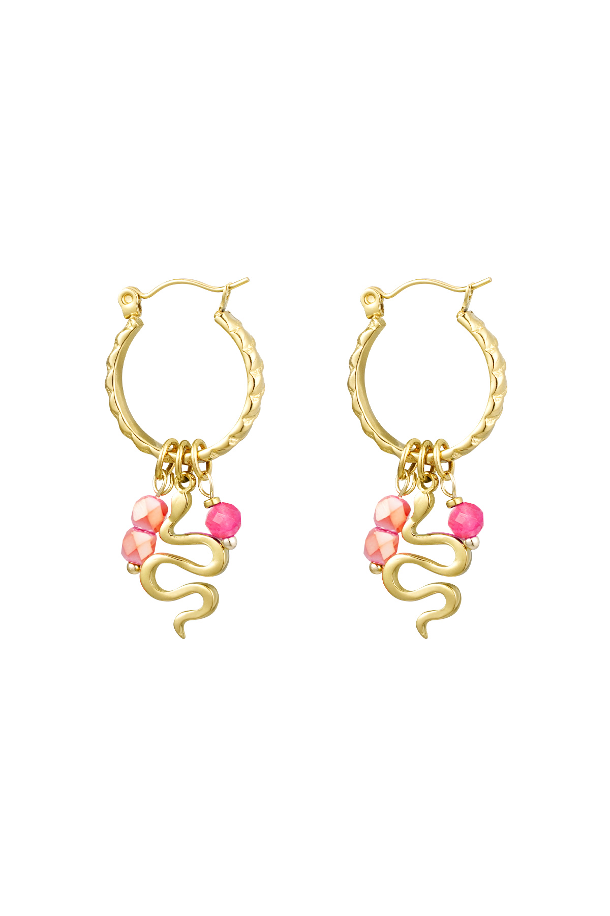 Snake earrings with beads - Gold color/pink