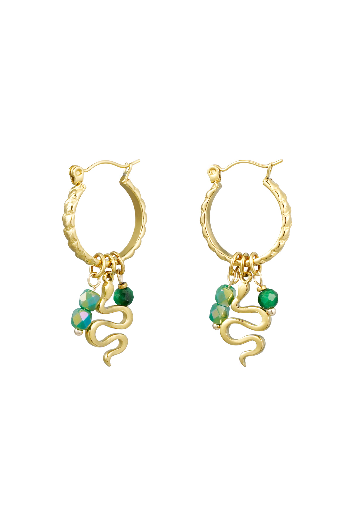 Snake earrings with beads - gold/green