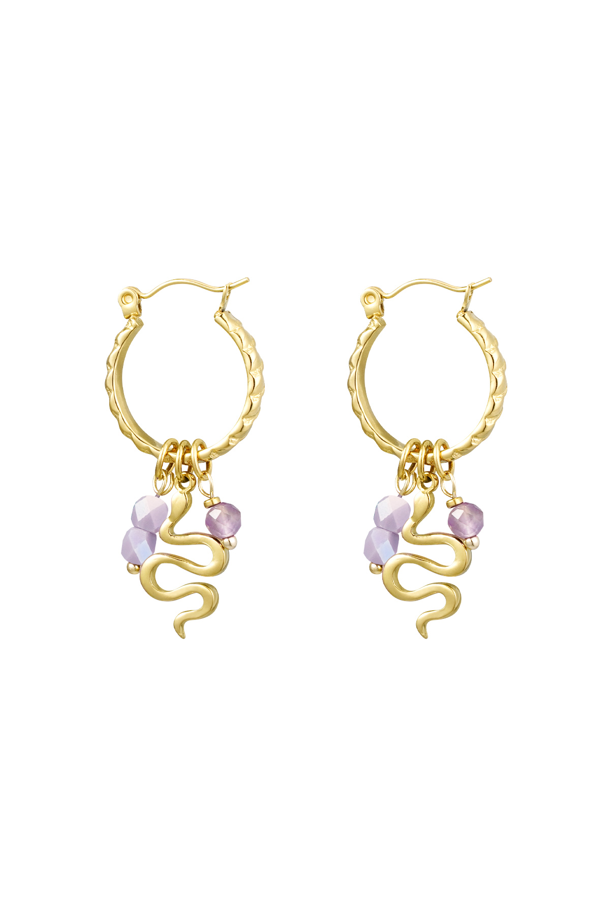 Snake earrings with beads - Gold color/purple