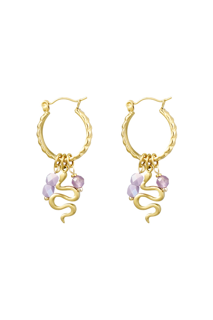 Snake earrings with beads - gold/purple 