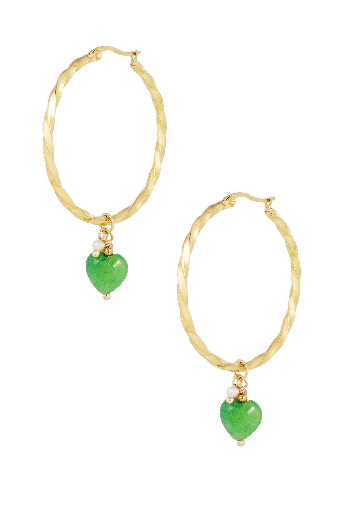 Twisted earrings with heart - gold/green