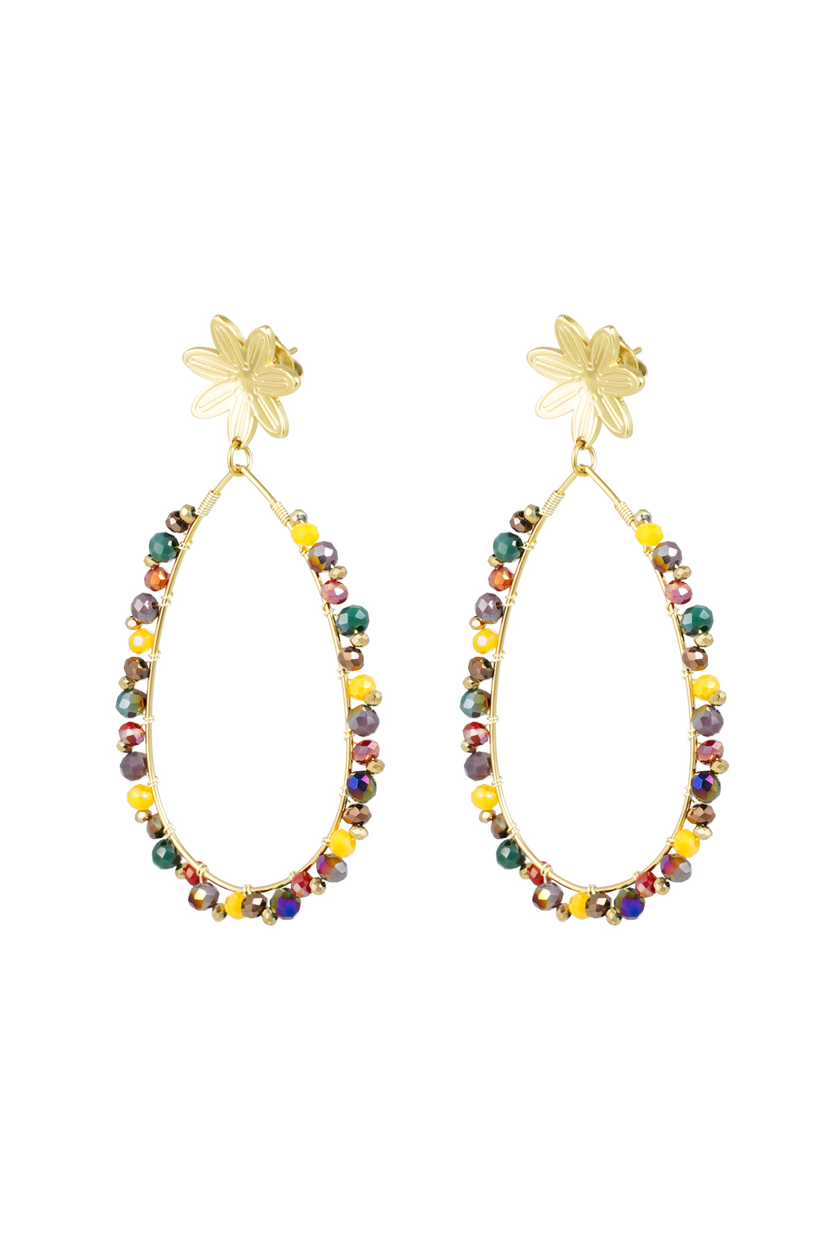 Drop earrings with beads and flower - gold/multi