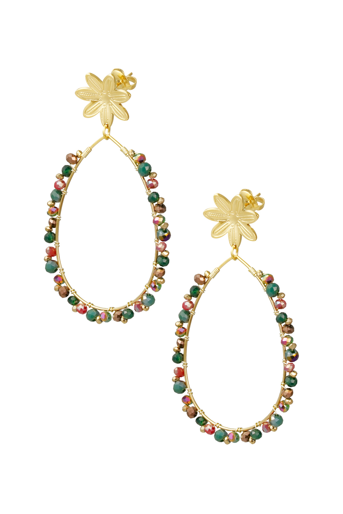 Boucles d'oreilles pendantes avec perles et fleur - doré/vert
