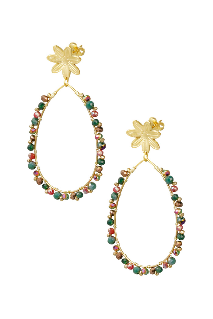 Drop earrings with beads and flower - gold/green 