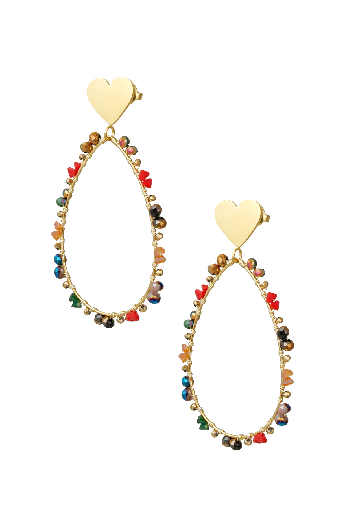 Oval earrings with beads and heart - gold/multi