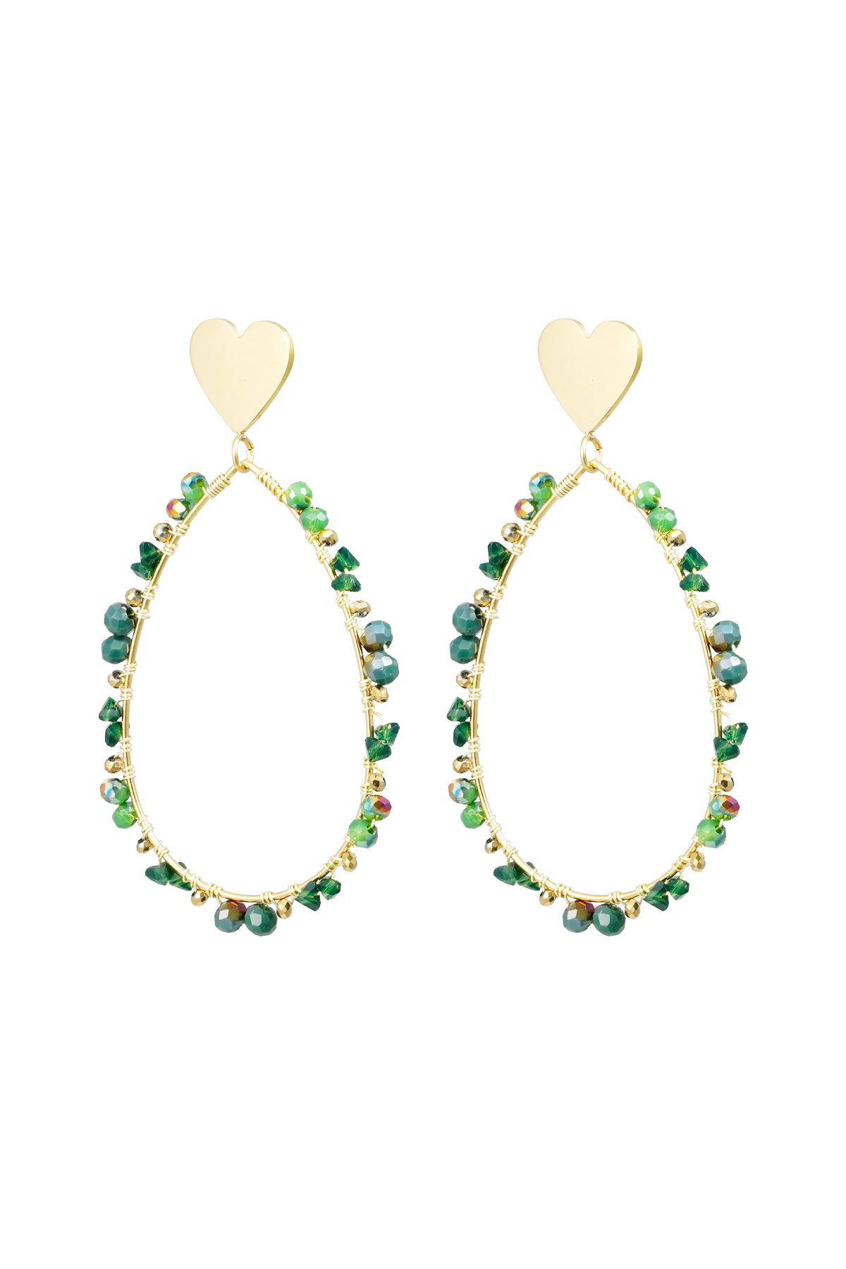 Ovale Ohrringe mit Perlen und Herz – gold/grün