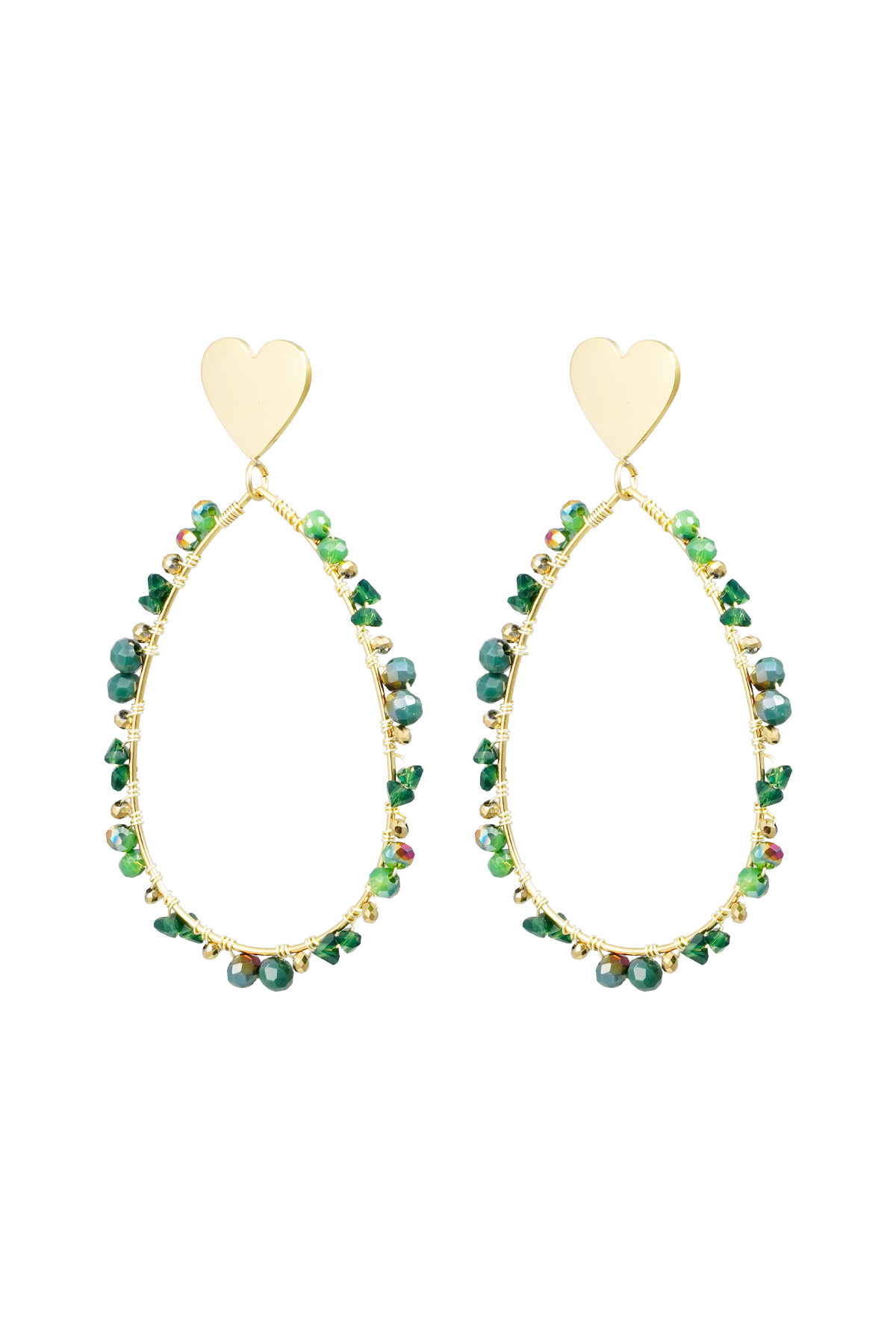 Oval earrings with beads and heart - Gold color/green 2