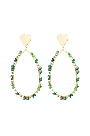 Oval earrings with beads and heart - gold/green h5 
