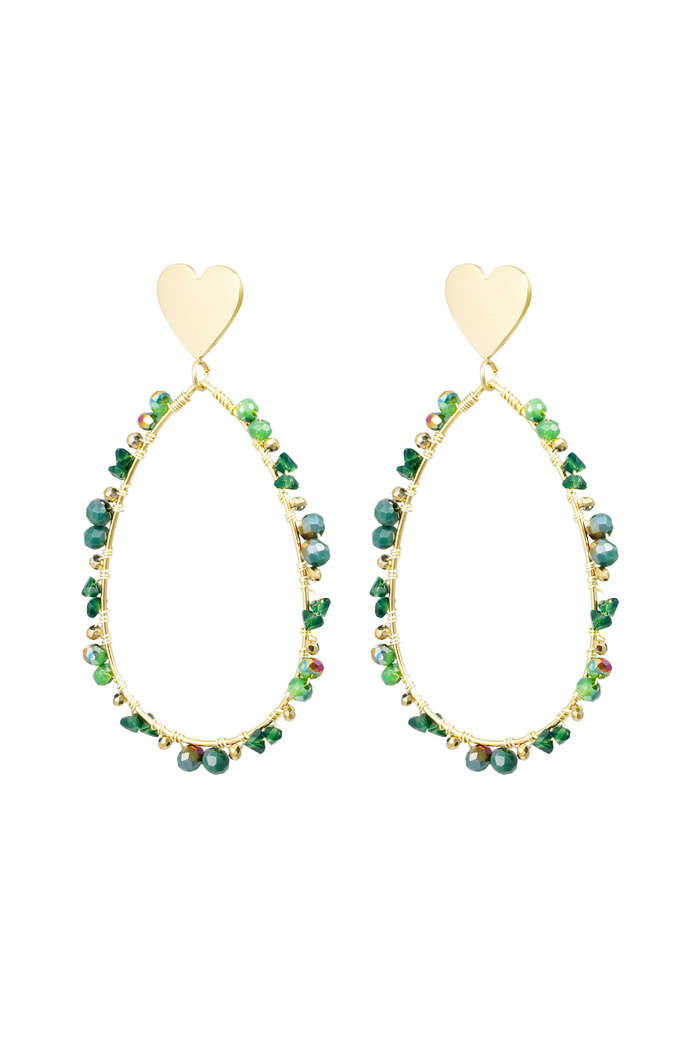Oval earrings with beads and heart - gold/green 