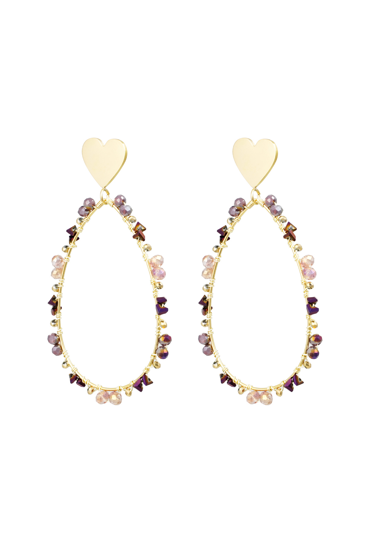 Oval earrings with beads and heart - gold/purple