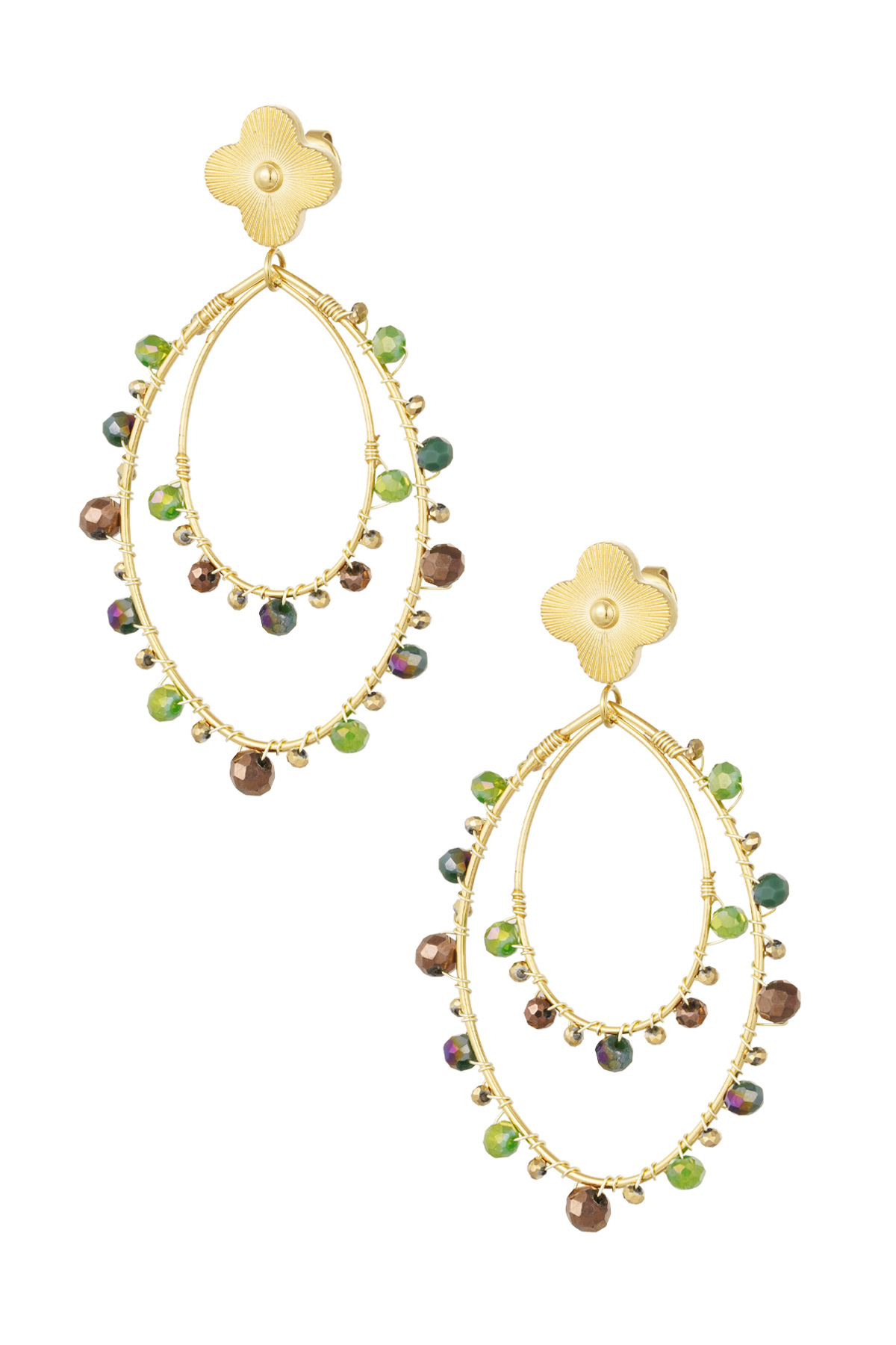 Oval earrings with beads - gold/green